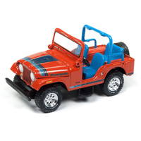 Johnny Lightning 1:64 Scale Classic Gold - Jeep CJ-5 Mandarin Orange and Levi Blue