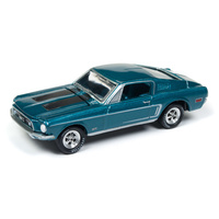 Johnny Lightning 1:64 Scale 1968 Ford Mustang GT "Class of '68" Gulf Stream Aqua Poly with White Side C Stripes and Dual Black Hood Stripes