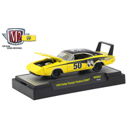 M2 Machines 1:64 Scale Mooneyes 1969 Dodge Charger Daytona HEMI Bright Yellow, Black Roof with Black Stripes
