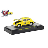 M2 Machines 1:64 Scale Mooneyes 1953 VW Beetle Deluxe U.S.A. Model Bright Yellow with Black and White Stripes