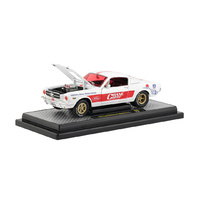 M2 Machines Release 68A - 1965 Ford Mustang Fastback 2+2 Crane Cams (White with Red Stripes) 1:24 Scale