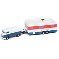 Johnny Lightning Tow & Go Version B 1:64 Scale Diecast 1965 Volkswagen Transporter (Dove Blue & White) with mobile home trailer