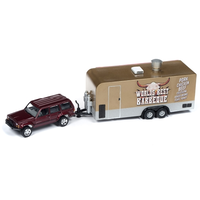 Johnny Lightning Tow & Go Version A 1:64 Scale Diecast 1998 Jeep Cherokee (Claret Red Metallic) w/Food truck trailer