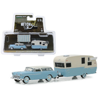 Greenlight 1:64 Hitch & Tow Series 16 - 1955 Chevrolet Nomad and Shasta Airflyte with Awning (Light Blue/White)