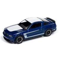 Auto World Muscle Cars Premium 2019 Release 1 - 1:64 Scale 2012 Ford Mustang Boss 302 Kona Blue with White Top and Stripes