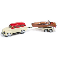 Johnny Lightning 1:64 Scale HULLS & HAULERS - 1950 Chevy Suburban with Wooden Speedster Boat