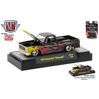 M2 1:64 Auto Trucks Mijo Exclusive 1979 Chevrolet Silverado Square Body Black with Flames Limited 4,200