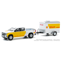 Greenlight 1:64 Scale Hitch & Tow Series 20 - 2019 Chevrolet Silverado Shell Oil and Small Shell Oil Cargo Trailer (White/Yellow)
