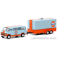 Greenlight 1:64 Scale Hitch & Tow Series 20 - 1972 Ford Club Wagon with Enclosed Trailer - Gulf (Light Blue/Orange)