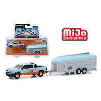 Greenlight 1:64 Scale MiJo Exclusives Hitch & Tow - Gulf - 2017 Chevrolet Silverado with Aerovault (Light Blue/Orange) Limited 2880pcs