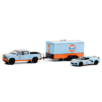 Greenlight 1:64 Racing Hitch & Tow - 2021 Chevrolet Silverado and 2021 Chevrolet Corvette C8 Stingray Gulf Oil with Enclosed Gulf Oil Car Hauler