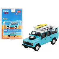 MiJo Exclusive True Scale Miniatures Mini GT - Land Rover Defender 110 Light Blue with White Top and Two Surfboards Ltd Ed to 1200 pcs Worldwide