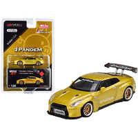 MiJo Exclusive True Scale Miniatures Mini GT 1:64 - Nissan GT-R (R35) Pandem with GT Wing Cosmopolitan Yellow Metallic with Gold Wheels Ltd Ed