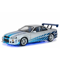Fast & Furious: 2 Brian's 1999 Nissan Skyline GT-R (BNR34) with Working Led Ground Effects (2003) Movie 1:18 Diecast Model Car by Gre