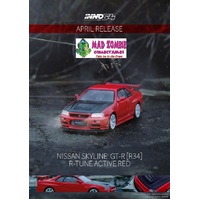 Inno 64 - Nissan Skyline GT-R R34 R-Tune Active Red With Carbon Bonnet