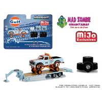 Greenlight 1:64 Mijo Exclusives 1972 Chevrolet K-10 Monster Truck With Gooseneck Trailer & Tires Gulf Racing