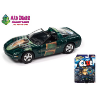 Johnny Lightning 1/64  - Pop Culture 2022 Release 4 - Modern Clue 2000 Corvette Mr Green, Billiard Room with Revolver & Poker Chip