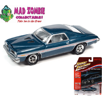 Johnny Lightning 1/64 Muscle Cars USA 2022 Release 2B - 1973 Pontiac Lemans GT (Porcelain Blue Poly w/GT White & Red Side Body Stripes)
