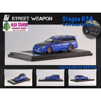 Street Weapon 1:64 Scale - Nissan Stagea R34 with Luggage pod & Extra Wheels Metallic Blue with Carbon Bonnet - Limited to 499 Pieces World Wide