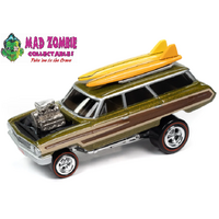 Johnny Lightning 1/64 Street Freaks 2023 Release 1A - 1964 Ford Country Squire (Zingers) (Metallic Lime, Wood Paneling w/Surfboards)