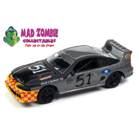 Johnny Lightning 1/64 Street Freaks 2023 Release 1A - 1990s Ford Mustang Race Car (24hrs of LeMons) (Flat Black/Dark Silver, Old Crows Graphics)