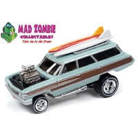 Johnny Lightning 1/64 Street Freaks 2023 Release 1B - 1964 Ford Country Squire (Zingers) (Light Blue, Wood Paneling w/Surfboards)