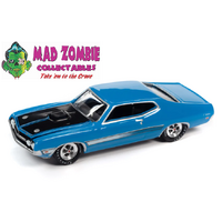 Johnny Lightning 1/64 Muscle Cars 2022 Release 3A - 1971 Ford Torino Cobra (MCACN) (Grabber Blue w/Laser Side Stripe & Black Hood Treatment)