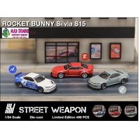 Street Weapon 1/64 Scale - Rocket Bunny Nissan Silvia S15 Blue/White, Red, Cement Grey (Each Limited to 499 Pcs World Wide)