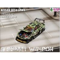 Street Weapon 1/64 Scale - Skyline GT-R R34 LB, Super Silhouette ER34 Open-Hood, Visible Engine Bape Camouflage - PRE-ORDER
