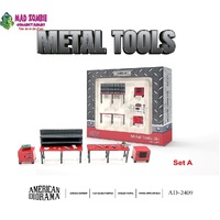 American Diorama 1/64 - Figure Set: Metal Tools – Set A  (Include 2 pcs of Workbench, 2 pcs of Cabinets, and 12 pieces of garage tools)