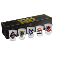 KISS SET OF 5 SHOT GLASSES IN WOODEN BOX