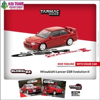 Tarmac Works Global 64 - Mitsubishi Lancer GSR Evolution II Red Model Car + Trading Cards Combo Set