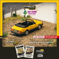 Tarmac Works Hobby 64 1/64 Scale - Saab 900 Turbo Convertible Yellow - includes 1 pack of Tarmac Cards with 2 collectible trading cards (PRE-ORDER)