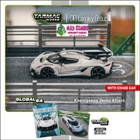Tarmac Works Global 64 - Koenigsegg Jesko Attack White Lamley Special Edition Model Car + Trading Cards Combo Set