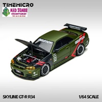 Time Micro 1/64 Scale - Skyline GT-R R34, Nismo Z-Tune Open-Hood, Visible Engine Matt Green - (PRE-ORDER)