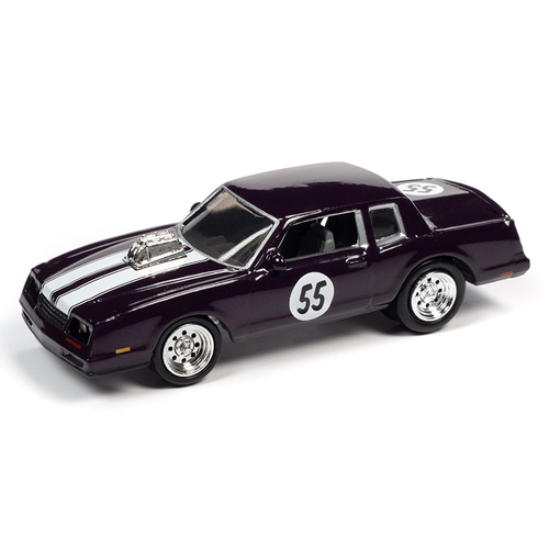 Johnny Lightning 1:64 Scale Street Freaks 2020 Release 4 Version A - 1985 Chevrolet Monte Carlo #55 Deep Violet Metallic with White Stripes "Spoilers"