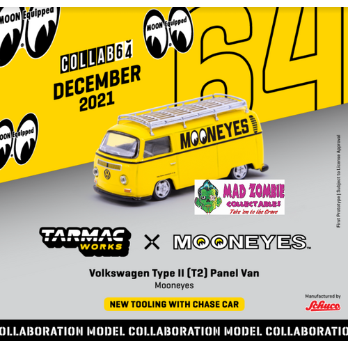 Tarmac Works & Schuco Collaboration 1:64 Scale - Volkswagen Type II (T2) Panel Van, Mooneyes, with Roof Rack