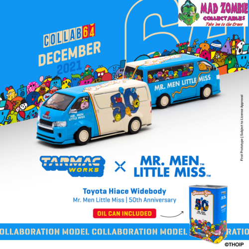 Tarmac Works 1:64 Scale Collab 64 - Toyota Hiace Widebody, Mr. Men Little Miss, 50th Anniversary (With Oil Can)