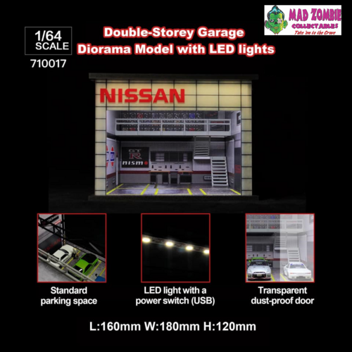 G-FANS - 1:64 Scale - Nissan Garage Diorama with LED Light Double-Deck Garage