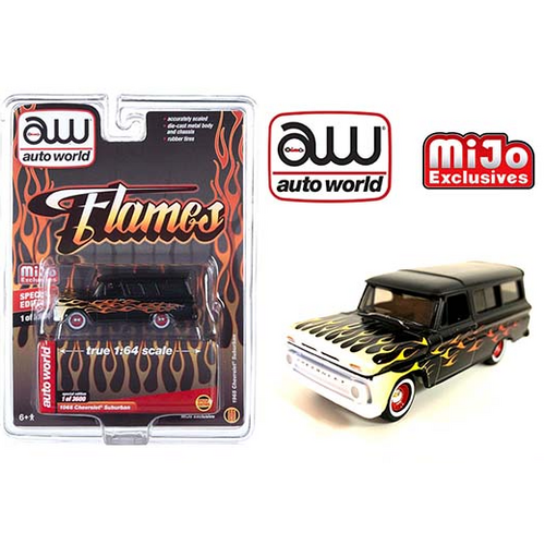 Auto World 1:64 Mijo Exclusive Flames 1965 Chevrolet Suburban Custom Matte Black With Flames Limited 3,600