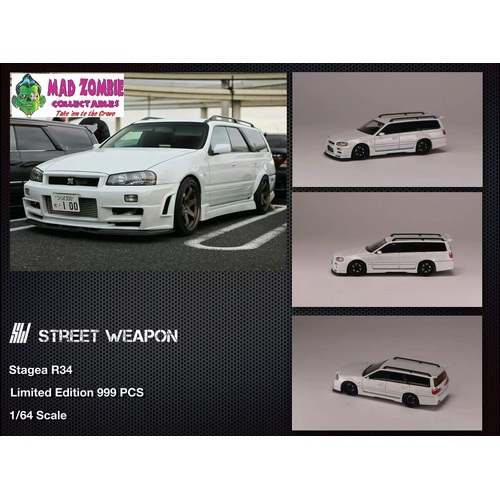 Street Weapon 1/64 Scale - Nissan Stagea Pearl White with R34 Front End