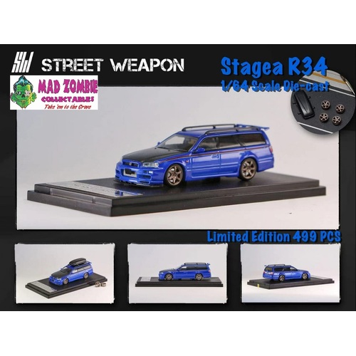 Street Weapon 1:64 Scale - Nissan Stagea R34 with Luggage pod & Extra Wheels Metallic Blue with Carbon Bonnet - Limited to 499 Pieces World Wide