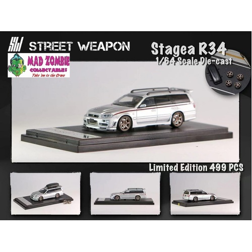 Street Weapon 1:64 Scale - Nissan Stagea R34 with Luggage pod & Extra Wheels Silver - Limited to 499 Pieces World Wide