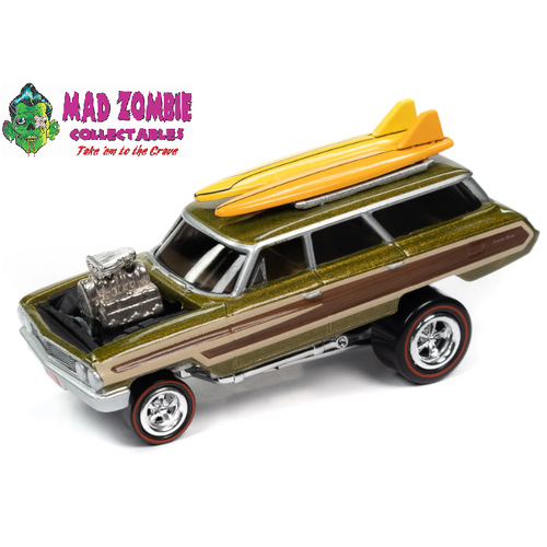 Johnny Lightning 1/64 Street Freaks 2023 Release 1A - 1964 Ford Country Squire (Zingers) (Metallic Lime, Wood Paneling w/Surfboards)