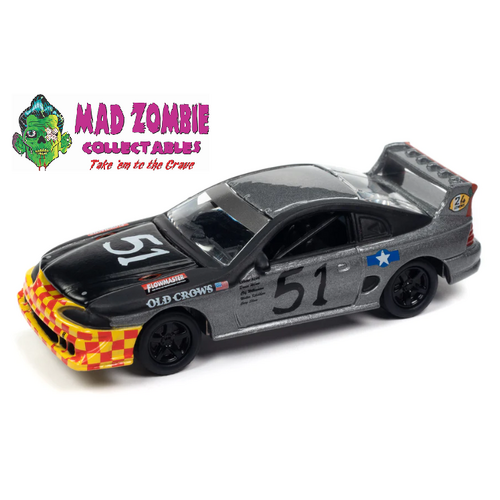 Johnny Lightning 1/64 Street Freaks 2023 Release 1A - 1990s Ford Mustang Race Car (24hrs of LeMons) (Flat Black/Dark Silver, Old Crows Graphics)