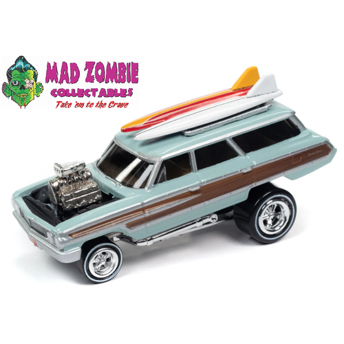 Johnny Lightning 1/64 Street Freaks 2023 Release 1B - 1964 Ford Country Squire (Zingers) (Light Blue, Wood Paneling w/Surfboards)
