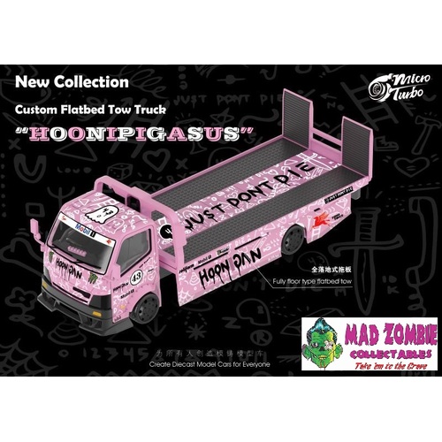 Micro Turbo 1/64 - Custom Flat Bed Tow Truck with Ken Block Hoonipigasus #43 Pink