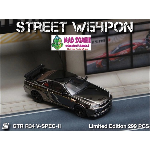 Street Weapon 1/64 Scale - Nissan Skyline GTR R34 Vspec II Chrome Black - Limited to 299 Pieces World Wide
