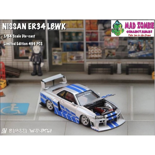 Street Weapon 1/64 Scale - Skyline GT-R R34 LB, Super Silhouette ER34 Fast and Furious Silver Blue - (Limited to 499 Pieces World Wide)