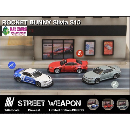 Street Weapon 1/64 Scale - Rocket Bunny Nissan Silvia S15 Blue/White, Red, Cement Grey (Each Limited to 499 Pcs World Wide)